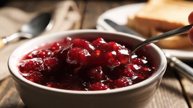 A hand holds a spoon scooping jam from a bowl on a table with toast