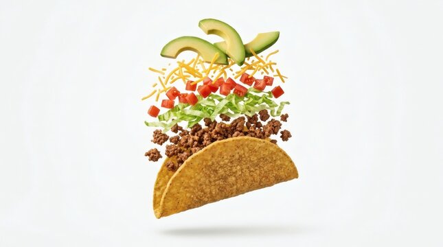 Crispy Taco Shell Seasoned Meat Lettuce Tomatoes Cheese Avocado Floating Dynamic