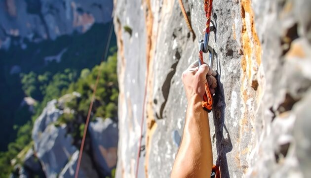 Rock climber hands grasping granite wall with safety rope.