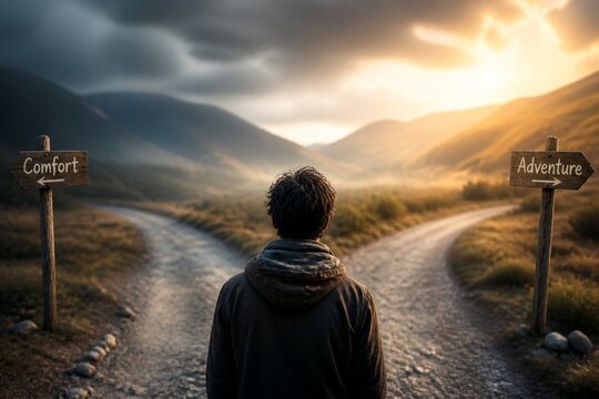A fork in the road splitting two directions under atmospheric lighting, symbolizing choice.