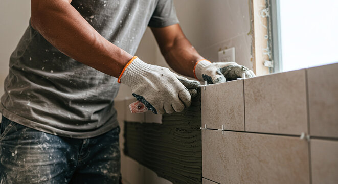Worker's hands carefully placing a tile on a wall covered in fresh mortar.Concept of home renovation and professional tiling.