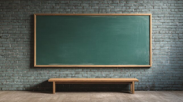 Blank green chalkboard mounted on a rustic brick wall in empty classroom, clean blackboard background for school education, teaching lessons, classroom learning, copy space for text, back to school co