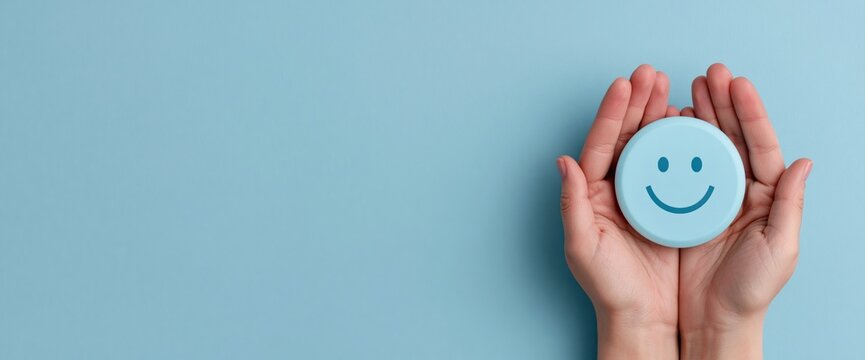 Customer satisfaction concept with hands holding a happy smile token for feedback