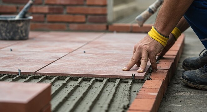 Worker's hands laying floor tiles with spacers on a bed of fresh mortar.Concept of home renovation and professional tiling.