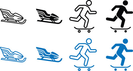 Extreme Sports and Winter Activities Vector Icon Collection featuring skateboarder riding a skateboard and winter sled snowmobile symbols. © MDRAJU