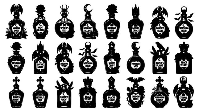 Perfume Bottle Icons Set in Gothic Style with Bat, Moon, Skull, and Wing Emblems for Fragrance Branding