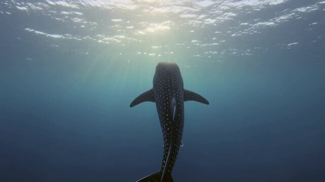 Majestic Whale Shark Swimming Upwards Towards Sunlit Ocean Surface