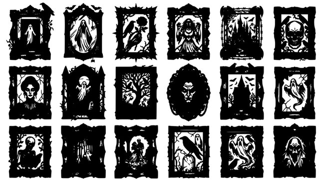 Picture Frame Horror Icon Set of Haunted Victorian Style Frames and Silhouettes with Spooky Undead Figures