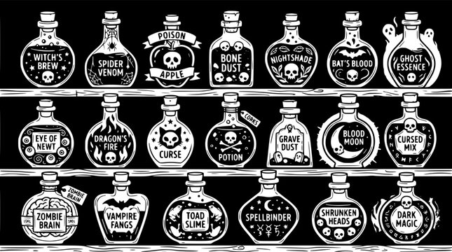 Potion Bottles Icon Set with Halloween Witchcraft Symbols, Skull Labels and Dark Magic Themes on Striped Background