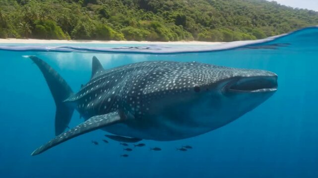 Majestic Whale Shark Swims Underwater Near Tropical Island Paradise