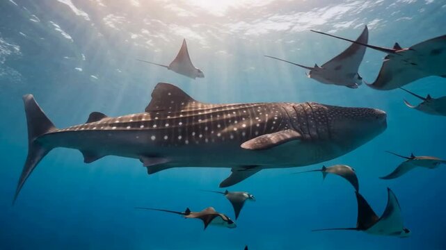 Whale Shark and Manta Rays Swimming Together in Tropical Ocean Waters