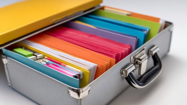 Close up of briefcase with file folders and colorful school supplies on white background, back to school education concept, student organization, classroom learning materials, academic office statione
