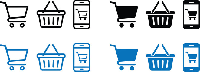 E-Commerce and Online Shopping Vector Icon Collection featuring shopping cart, retail basket, and mobile store application symbols. © MDRAJU