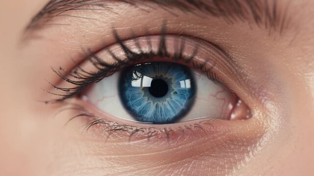 Mesmerizing close up of a blue eye blinking slowly with intricate iris details and captivating beauty
