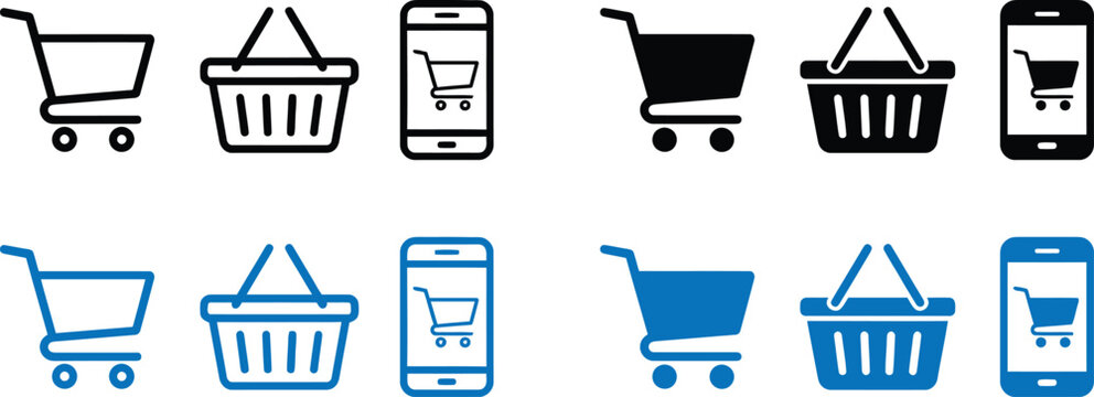 E-Commerce and Online Shopping Vector Icon Collection featuring shopping cart, retail basket, and mobile store application symbols.