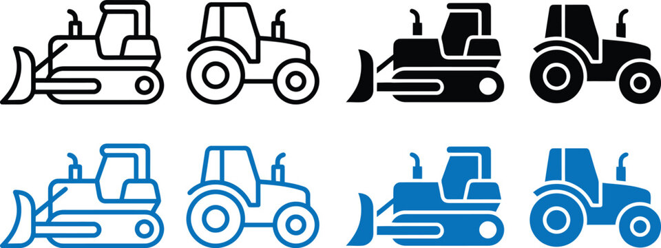 Heavy Machinery and Agricultural Vehicles Vector Icon Collection featuring construction bulldozer and farm tractor symbols.