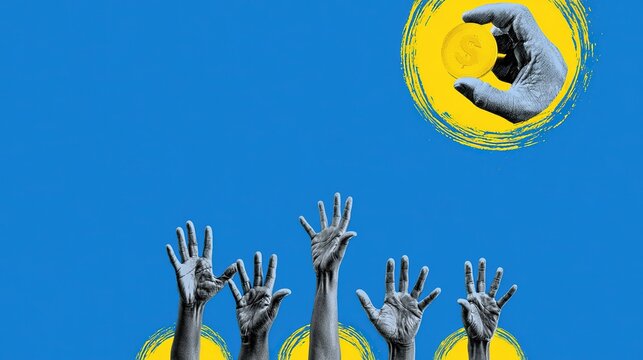 Graphic illustration on solid blue background, one grayscale hand stretching out from yellow-rimmed circular opening at upper right holding golden dollar coin, five extra grayscale hands emerging from