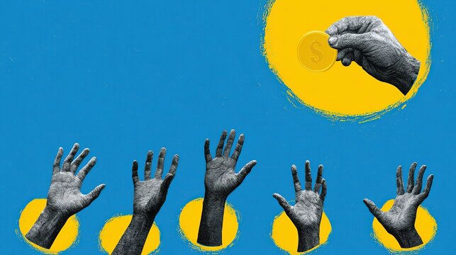 Graphic illustration on solid blue background, one grayscale hand stretching out from yellow-rimmed circular opening at upper right holding golden dollar coin, five extra grayscale hands emerging from