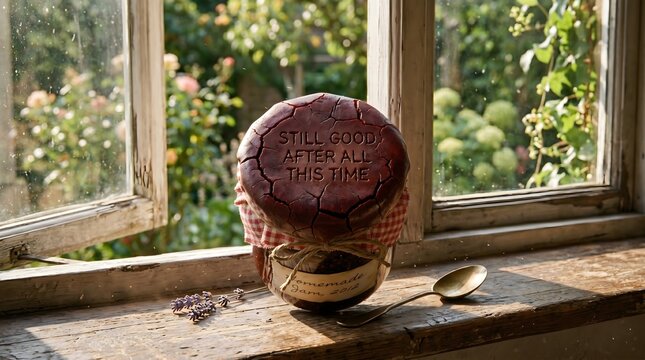 Vintage jar of homemade jam with the message "STILL GOOD AFTER ALL THIS TIME" engraved on its cracked lid, resting on a rustic window sill overlooking a sunny garden.