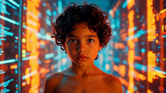 Child with curly hair in digital background