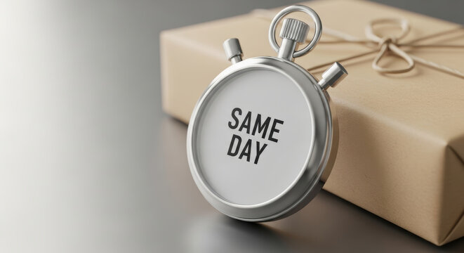 Same day delivery concept with stopwatch and wrapped parcel showing e commerce logistics evolution for fast shipping service