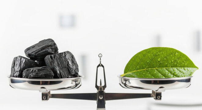 Coal and green leaf balanced on scale symbolizing climate risk and finance challenges in sustainable energy transition
