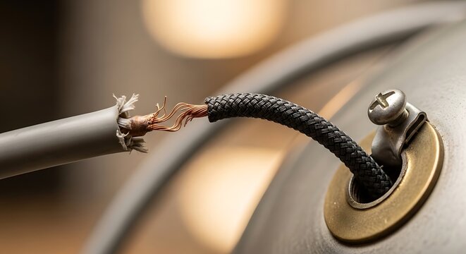 Closeup of a damaged electrical wire with exposed copper strands