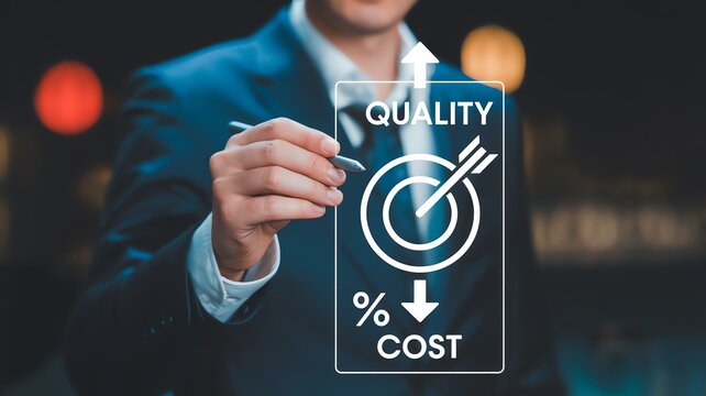 Businessman in suit managing high quality and low cost business strategy on virtual digital screen