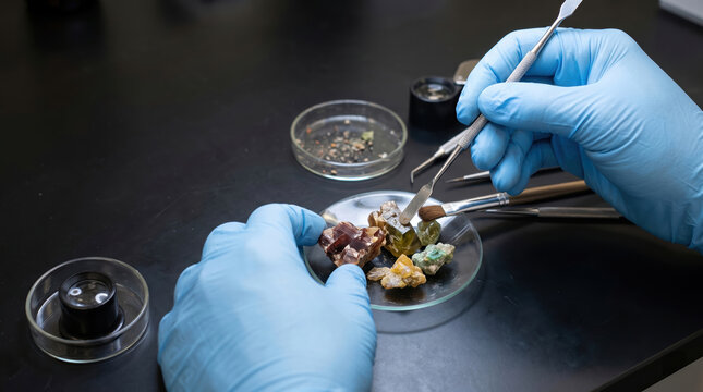 Rare earth elements minerals being examined in laboratory with tools and gloved hands showing scientific research and analysis