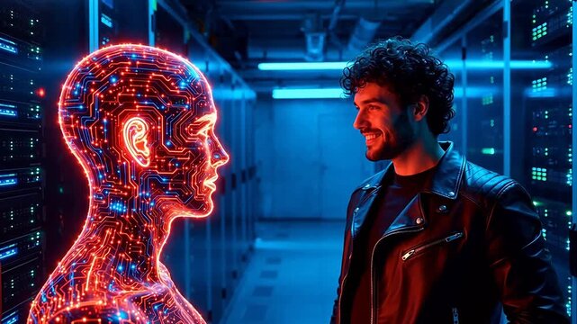 Man in server room with glowing AI head