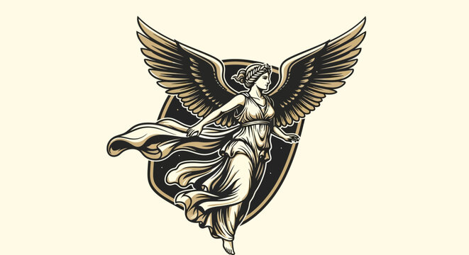 Angel with Wings on Shield Emblem.