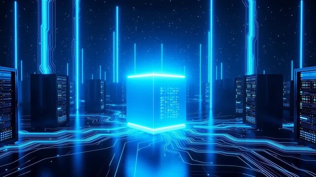 Futuristic server room with glowing circuits
