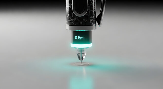 0.5 milliliter liquid measurement on futuristic digital syringe needle with glowing blue light on smooth surface