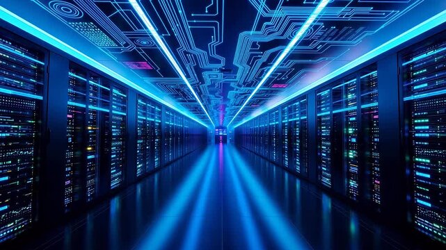 Data center server room with glowing circuits