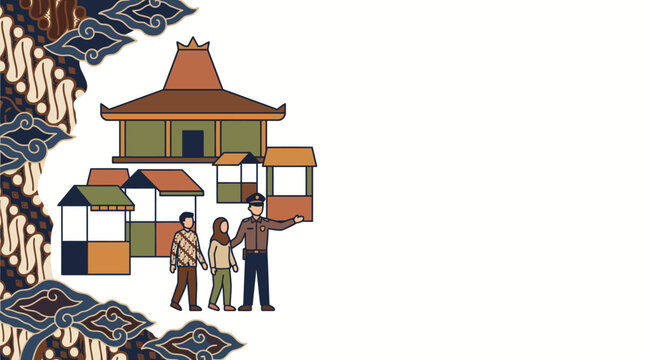 Indonesian traditional market and MSME exhibition concept illustration with officer guiding people in front of Javanese Joglo house and batik ornaments background with copy space