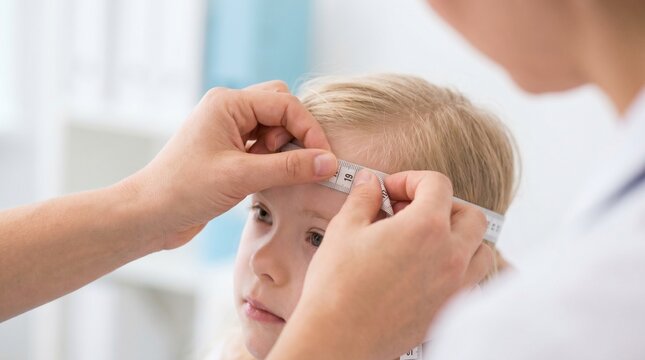 Doctor measuring a child's head circumference with a tape measure during a pediatric growth assessment in a bright clinic.