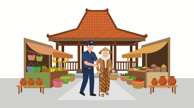 Security officer helping elderly local woman walking in traditional Javanese market with joglo house background flat vector illustration.