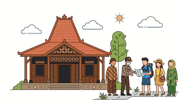 Indonesian Cultural Tourism Vector Illustration of Tourists Visiting Traditional Javanese Joglo House with Local Tour Guides