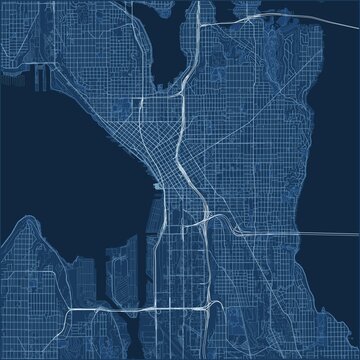 Seattle City Map Poster Street Map JPG Classic Blueprint White Line Blue Background Wall Art