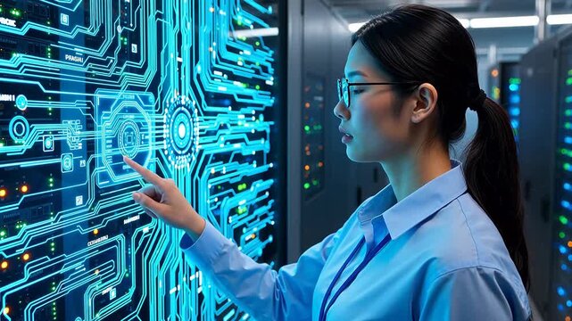 Woman in server room analyzing circuit display