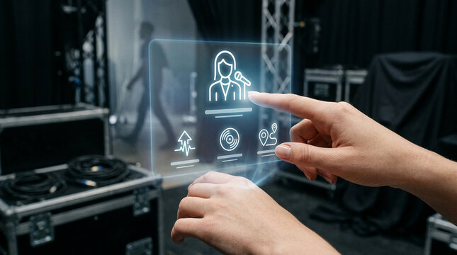 Event Manager Using Futuristic Holographic HUD Interface Backstage to Control Sound and Speaker Schedules at a Concert Venue.