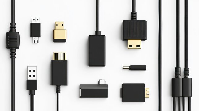 Phone charger various converter cables adapters for computers and smartphones HDMI VGA USB DVI DP isolated on white. TV shows isolated on white. Photo realistic photo.