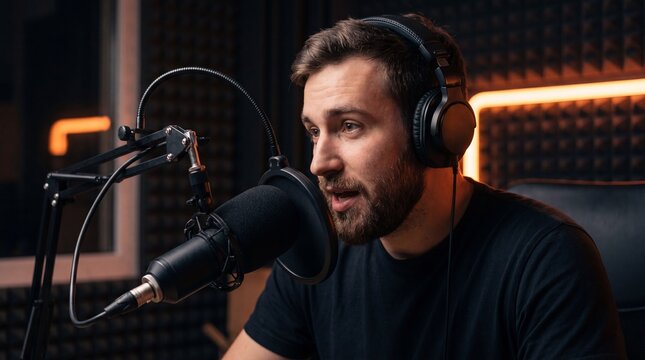 A bearded man wearing headphones speaks intently into a professional microphone while recording a podcast in a dimly lit, soundproofed studio.