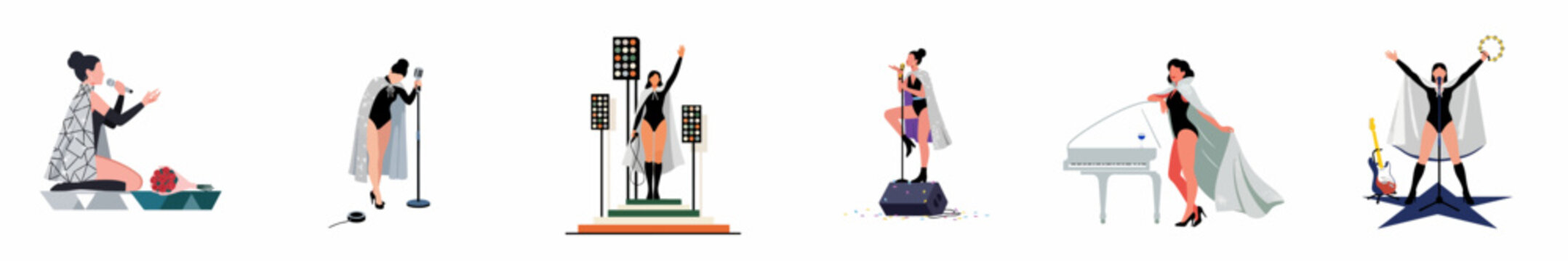 Collection of flat illustrations depicting a female singer performing on stage in various poses and settings.