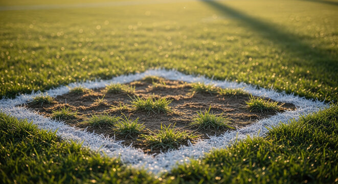 Closeup of a White Chalk Line Marking a Batter's Box on a Lush Green Grass Field at Sunrise