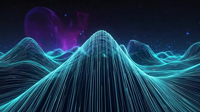 Abstract digital landscape with glowing blue wireframe waves and purple nebula