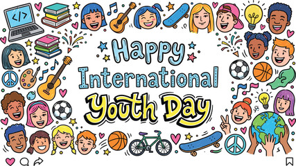 Fototapeta premium Happy International Youth Day Poster with Diverse Teen Faces Sports Music Art Technology Icons for Social Media and School Event