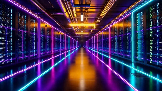 Server room with neon lights