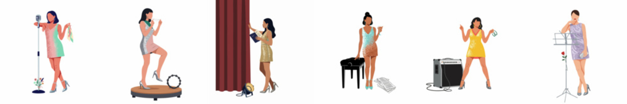Set of diverse women in elegant sequined dresses performing on stage and backstage in a flat vector illustration style