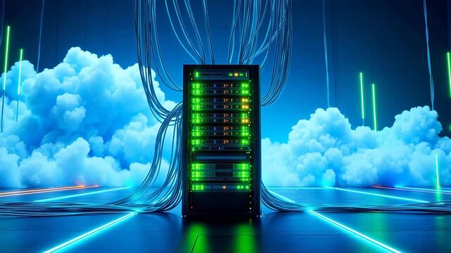 Server rack with glowing lights and cloud background